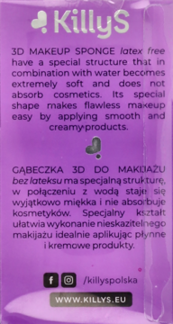 Tył fioletowego opakowania gąbki do makijażu KillyS 3D, latex free, z opisem produktu i danymi kontaktowymi.