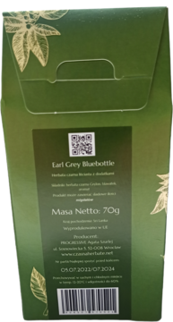 Tył zielonego opakowania herbaty Earl Grey Bluebottle, 70g, z widoczną etykietą, kodem QR i datą ważności.