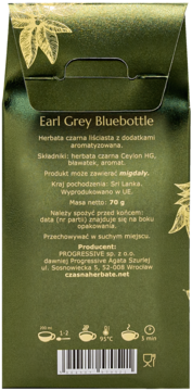 Tylna strona zielonego opakowania herbaty Earl Grey Bluebottle z liśćmi, listą składników i instrukcjami.