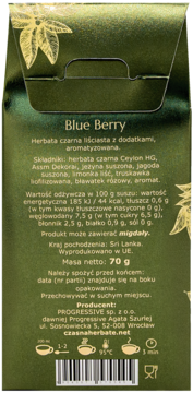 Tył ciemnozielonego opakowania herbaty liściastej Blue Berry ze składem, wartością odżywczą i instrukcją parzenia.