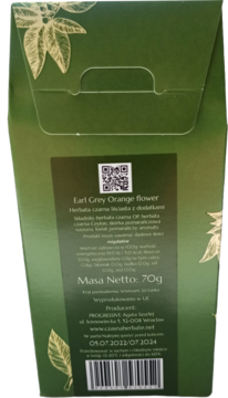 Tył zielonego opakowania herbaty Earl Grey Orange flower 70g, ze złotymi liśćmi i informacjami o produkcie.