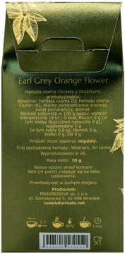 Tył ciemnozielonego opakowania herbaty Earl Grey Orange Flower 70g z opisem, składnikami i kodem kreskowym.