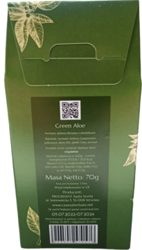 Tył zielonego opakowania herbaty Green Aloe z widoczną etykietą, składem, kodem QR i datami.