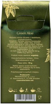 Tył zielonego opakowania herbaty liściastej Green Aloe 70g, z polskim opisem składników, wartości odżywczych i parzenia.