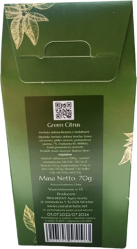 Zielone opakowanie herbaty Green Citrus liściastej z dodatkami 70g, widok z tyłu z pełnym opisem.