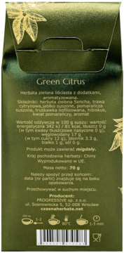 Tylne opakowanie herbaty Green Citrus: zielona torebka z tekstem, składnikami, kodem kreskowym i ikonami parzenia.