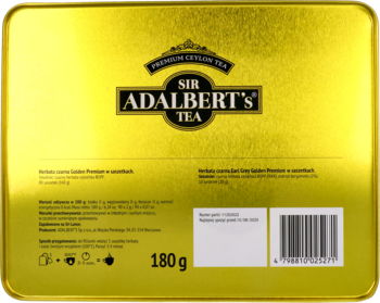 Tył złotej, prostokątnej puszki herbaty Sir Adalbert's Premium Lemon Tea 180g z kodem kreskowym.