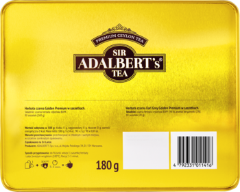Tył złotej, prostokątnej puszki herbaty Sir Adalbert's Golden Premium z opisem i kodem kreskowym, 180g.