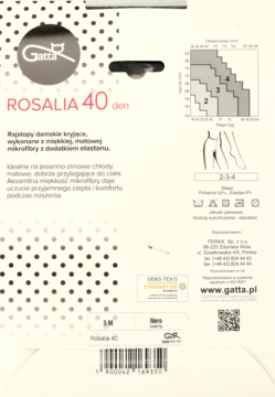 Tył opakowania rajstop Gatta Rosalia 40 den Nero, z tabelą rozmiarów i polskim opisem produktu.