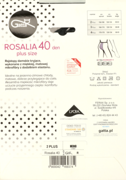 Tył opakowania rajstop Gatta Rosalia 40 den Plus Size nero, z opisem produktu i tabelą rozmiarów.