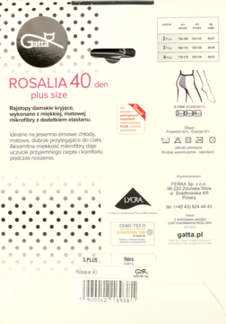 Tył opakowania rajstop Gatta Rosalia Plus Size 40 den, kolor nero, z opisem i tabelą rozmiarów.