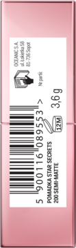 Tył różowego opakowania pomadki Star Secrets 200 Semi-Matte, z kodem kreskowym i danymi producenta.