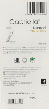 Tył opakowania czarnych skarpetek Gabriella MICROFIBRE, z kodem kreskowym i opisem produktu w wielu językach.