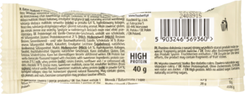 Tył batona BeRAW! Protein waniliowy z czekoladą, 40g, z info o wysokim białku i braku dodanego cukru.
