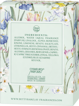 Tył zielonego opakowania Betty Barclay Wild Flower Eau de Toilette, z kwiatowym wzorem i listą składników.
