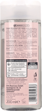 Tył butelki toniku Isana 200 ml, dla skóry suchej, z różową etykietą, tekstem, ikonami recyklingu.