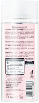 Tył białej butelki toniku Isana dla skóry suchej i wrażliwej, z różową etykietą, bez alkoholu. Skład, 200 ml, barcode.