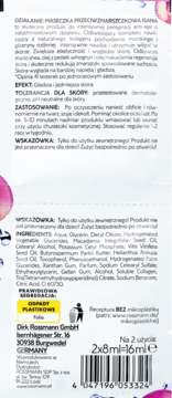 Tył opakowania maseczki przeciwzmarszczkowej Isana z listą składników, instrukcjami i kodem kreskowym.