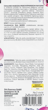 Tył białego opakowania Isana Maseczki przeciwzmarszczkowej z tekstem w języku polskim, składem, kodem kreskowym i różowymi elementami.