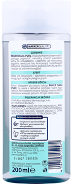 Tył niebieskiej butelki Toner Isana Pure z niacynamidem, widoczne składniki i informacje o produkcie.
