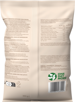 Tył beżowego opakowania granoli OneDayMore 350g, z tabelą wartości odżywczych, składem i kodem kreskowym.