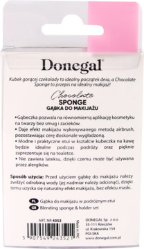 Tył opakowania gąbki Donegal Chocolate Sponge z opisem produktu i sposobem użycia w języku polskim.