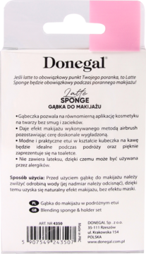 Tył opakowania Donegal Latte Sponge, gąbki do makijażu z etui, z polskim opisem i kodem kreskowym.
