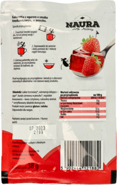 Tył saszetki Galaretki NAURA truskawkowej z agarem, z instrukcjami, tabelą wartości i kodem kreskowym.