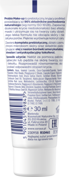 Tył białej tubki podkładu Probio Make-up 30ml, z opisem naturalnego składu i widocznym kodem kreskowym.