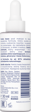 Tył białej butelki probio bazy pod makijaż z polskim opisem, składem, objętością 30ml i zakrętką z kroplomierzem.