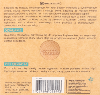 Tył brązowego opakowania szczotki do masażu For Your Beauty, z opisem produktu i kodem kreskowym.