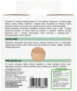 Tył opakowania szczotki limfatycznej For Your Beauty z opisem i logo z drewna brzozowego.