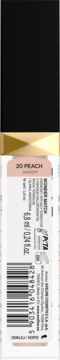 Tył opakowania nawilżającego korektora L'Oréal, odcień 20 Peach, 6.8ml, z czarną nakrętką i kodem kreskowym.