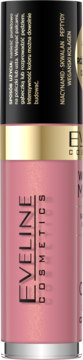 Eveline Cosmetics róż w płynie w różowej tubce z czarno-złotą nakrętką, widok frontalny, z logo Eveline.