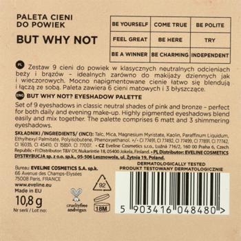 Tylna strona opakowania palety cieni But why not, z opisem 9 cieni (6 mat, 3 błysk) i wagą 10,8g.