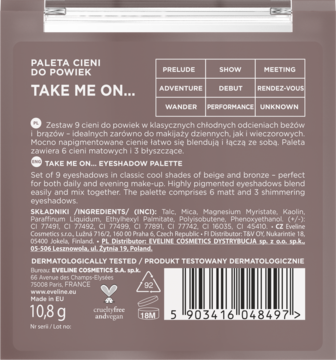 Tył brązowej palety cieni Eveline Take Me On, opis 9 beżowo-brązowych odcieni, skład i kod kreskowy.