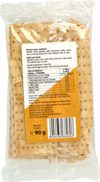 Tył opakowania maca czosnkowa 90g, pieczywo bezglutenowe wegańskie, z widoczną żółtą etykietą informacyjną.