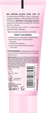 Różowy BB Cream Aloes Pink SPF 15, tył tubki z opisem korzyści i składników, 30ml.