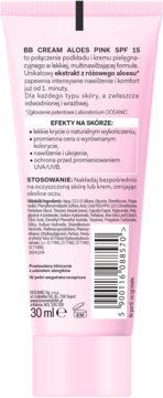 Różowy BB Cream Aloes Pink SPF 15, tył tubki z opisem efektów i sposobem użycia, 30 ml.