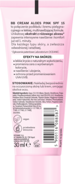 Tył różowej tubki BB Cream Aloes Pink SPF 15 z opisem produktu, efektów i składników, 30ml.