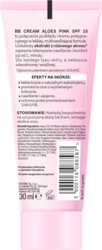 Tył różowej tubki BB Cream Aloes Pink SPF 15 z polskim opisem działania, składu i kodem kreskowym.