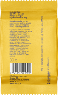 Tył żółto-złotego opakowania mydła w kostce Hello MYDŁO Mango & Yogurt 80g, z listą składników i kodem kreskowym.