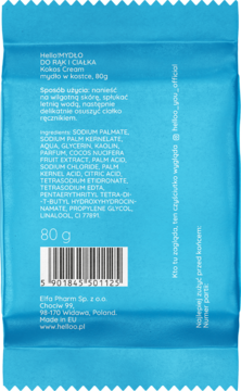 Tylna strona niebieskiego opakowania mydła HelloMYDŁO Kokos Cream, widoczny skład, 80g i kod kreskowy.