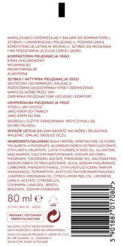 Tył białej tubki balsamu nawilżająco-odświeżającego z listą składników, kodem kreskowym i napisem 80 ml.