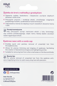 Tył opakowania KillyS Żyletka do brwi z nakładką z grzebykiem. Białe tło, fioletowe logo, polski opis.