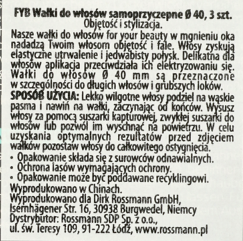 Czarny tekst produktu FYB Wałki do włosów samoprzyczepne Ø 40 mm na białym tle, opis cech i użycia.