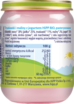 Tył słoiczka HiPP BIO Truskawki i maliny z jogurtem, z widoczną etykietą, wartościami odżywczymi i składem.