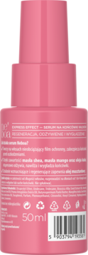 Tył różowej butelki serum Neboa Express Effect 50ml, na końcówki włosów, z tekstem i kodem kreskowym.