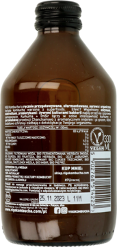 VIGO Kombucha: tył brązowej butelki z etykietą, widoczny skład, dane odżywcze, kod EAN i data ważności.