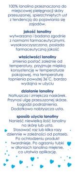 Grafika informacyjna o 100% lanolinie do pielęgnacji skóry i ust. Tekst o jakości i użyciu na białym tle z niebieskimi sercami.